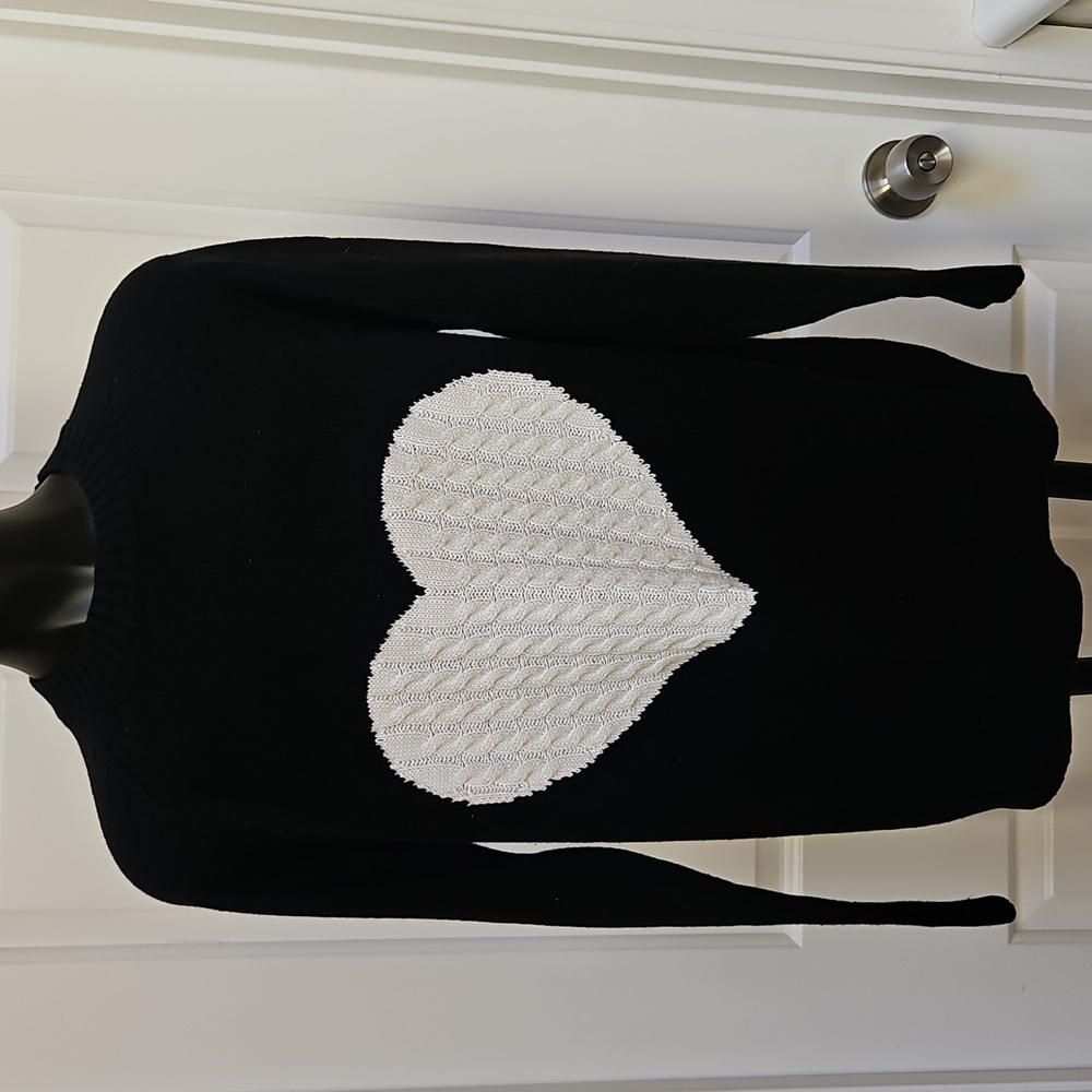 Women's Black Sweater with White Heart Design - S